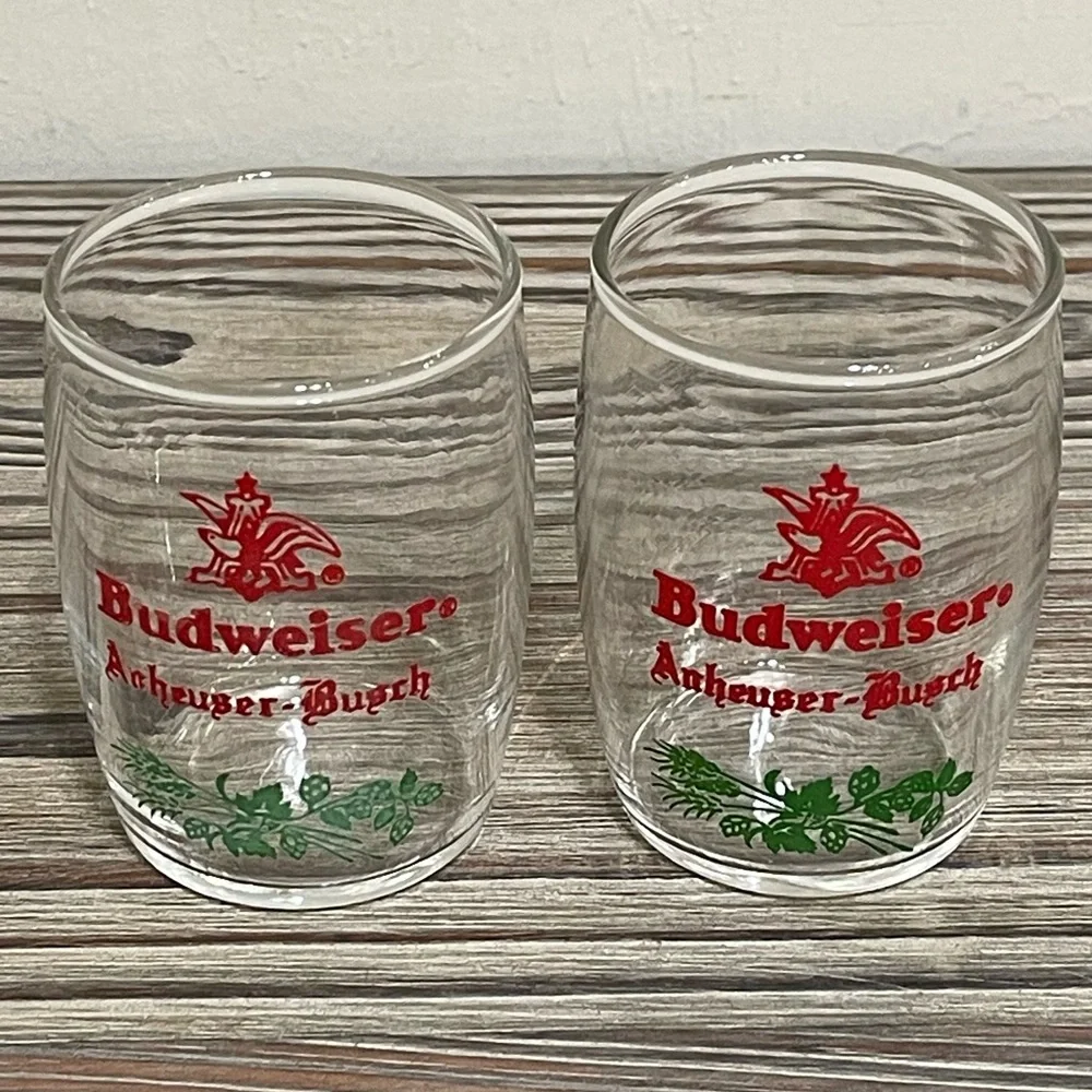Budweiser Anheuser Busch Barrel Shaped Clear Glasses Set Red Eagle Logo 60s VTG